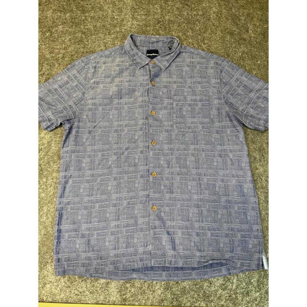 Tommy Bahama Men’s XL 58% Silk Button Up Short Sleeve Blue Shirt Front Pocket